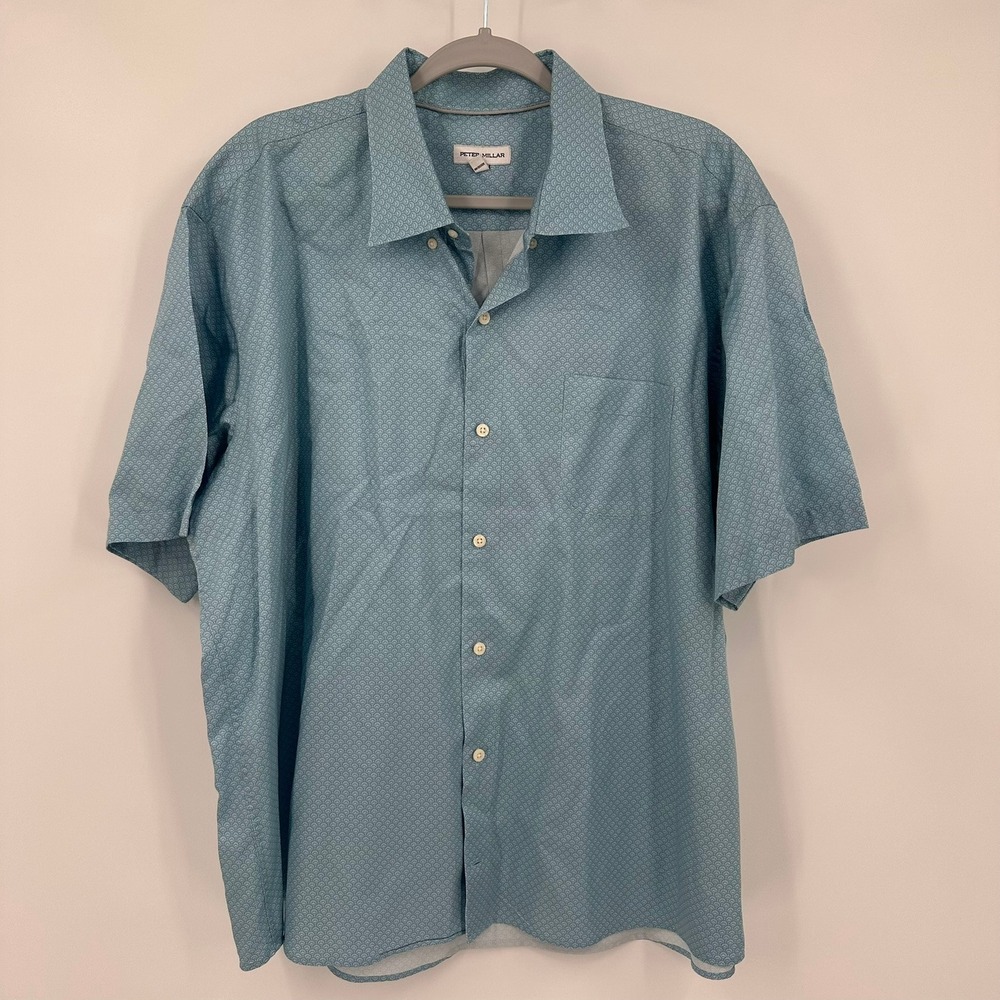 Peter Millar Mens Geometric Fan Print Shirt Size XXL Cotton Short Sleeve Travel